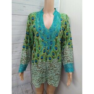 Sol Embroidered Tunic Shirt Peacock Peasant Boho 100% Cotton Turquoise Sz S